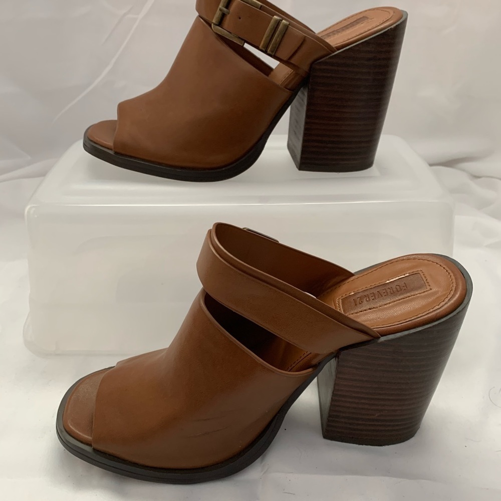 Forever 21 Cognac Peep Toe Leather Mules - Picture 5 of 10